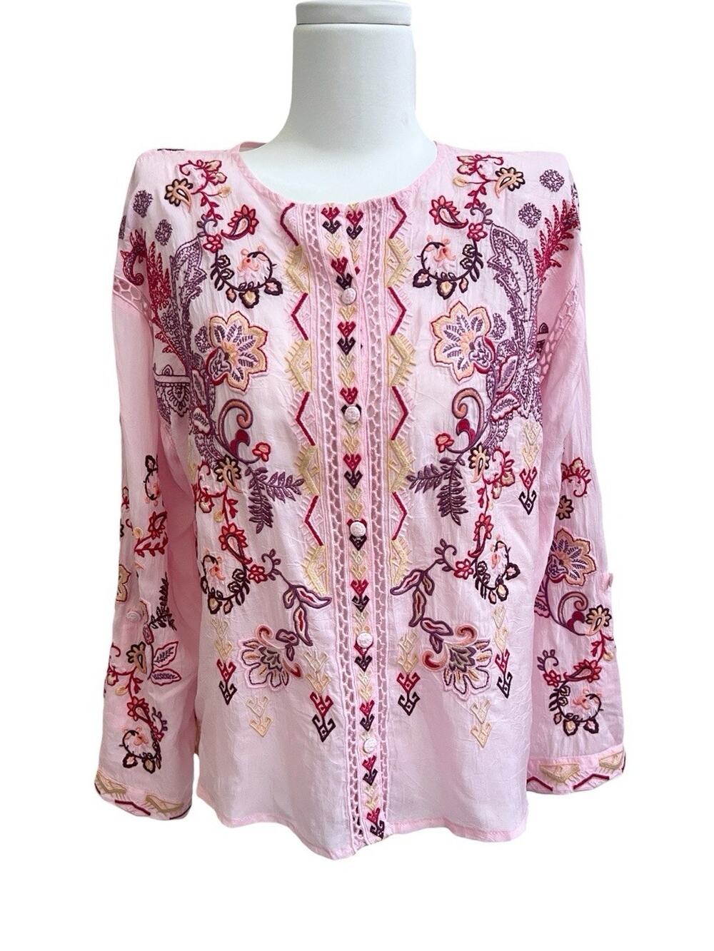 Johnny Was NWT Karol Romance Rose Pink Embroidered Button Up Shirt Sz S Boho Top